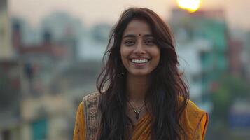 ai generado retrato de un hermosa joven indio mujer sonriente a el cámara. foto