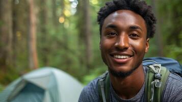 AI generated Portrait of smiling man with backpack standing in front of camping tent photo