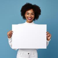 AI generated businesswoman holding blank board, isolated on blue background photo