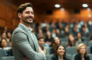 AI generated Speaker at Business Conference and Presentation. Audience at the conference hall. Rear view of unrecognizable people in audience. photo