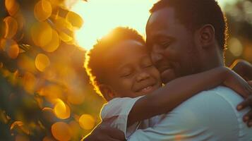 ai generado padre y hijo abrazando en el parque a puesta de sol. contento familia. foto