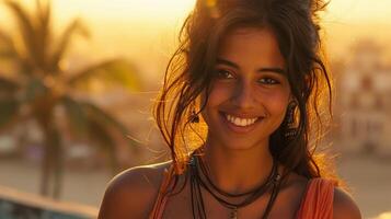 AI generated Portrait of a beautiful young Indian woman smiling at the camera. photo