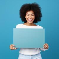 AI generated businesswoman holding blank board, isolated on blue background photo