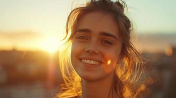 AI generated Portrait of a beautiful young woman on the street at sunset. photo