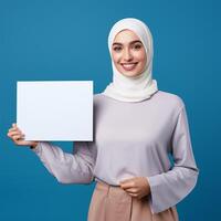 AI generated businesswoman holding blank board, isolated on blue background photo