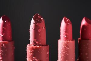 Red lipsticks with water drops on a dark background. photo