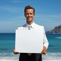 AI generated Smiling young businessman holding blank sheet of paper, over blue background photo