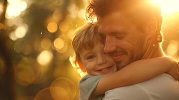 ai generado padre y hijo abrazando en el parque a puesta de sol. contento familia. foto