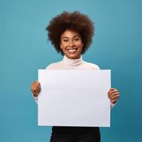 AI generated businesswoman holding blank board, isolated on blue background photo