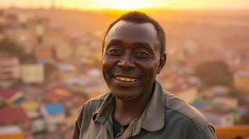 ai generado retrato de un sonriente africano hombre a puesta de sol en el ciudad foto