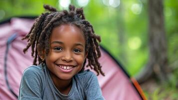 AI generated hild sitting near tent in forest  in front of camping tent photo