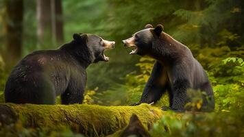 ai generado dos negro osos lucha en el bosque. fauna silvestre escena desde naturaleza. foto