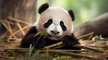 ai generado un linda panda comiendo bambú dispara en bosque. foto