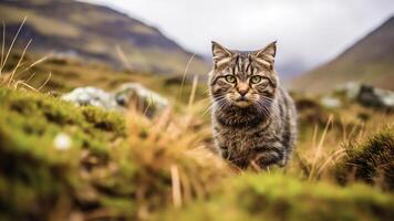 ai generado un hermosa escocés gato montés en bosque. foto