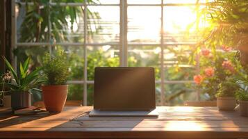 AI generated Serene Greenhouse Workspace at Sunrise photo