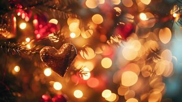 ai generado fiesta romance festivo árbol adornado con corazón adornos y centelleo luces foto