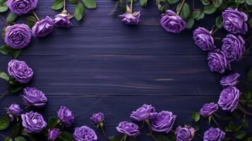 AI generated Elegant Purple Roses on Dark Wooden Background photo