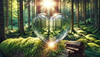 ai generado corazón de naturaleza cristal corazón reflejando un lozano bosque foto