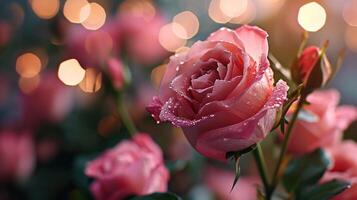 ai generado besado por el rocío resplandor rosado rosas en dorado ligero foto