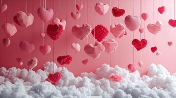 ai generado algodón nubes y corazones un San Valentín día fantasía foto