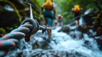 ai generado trekking aventuras a través de un montaña corriente foto