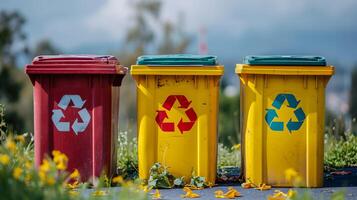 AI generated Yellow, green and red trash cans with recycling symbol. The concept of nature conservation and separate waste collection photo