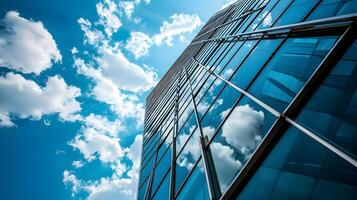 AI generated Low angle photo of glassed business center with sky view in the middle of day. Business photo concept