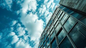 AI generated Low angle photo of glassed business center with sky view in the middle of day. Business photo concept