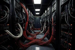 AI generated Server room with server racks and wires. Server uptime concept and cable management photo