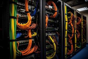 AI generated Server room with server racks and wires. Server uptime concept and cable management photo