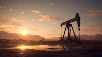 AI generated Photo of crude oil pumpjack rig at sunset. Concept art of oil production or issues of nature protection