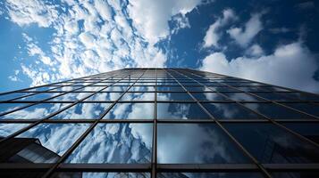 AI generated Low angle photo of glassed business center with sky view in the middle of day. Business photo concept