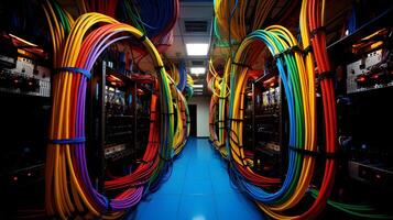 AI generated Server room with server racks and wires. Server uptime concept and cable management photo