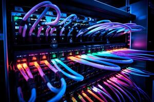 AI generated Close-up photo of a server patch panel with many ports and wires. Many indicators of different colors show the active work of the servers.