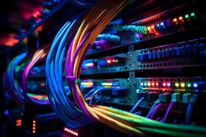 AI generated Close-up photo of a server patch panel with many ports and wires. Many indicators of different colors show the active work of the servers.