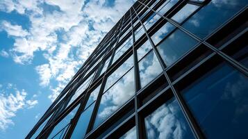 AI generated Low angle photo of glassed business center with sky view in the middle of day. Business photo concept