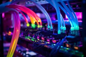 AI generated Close-up photo of patch panel with colored cords in server room. Technology concept