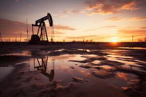 AI generated Photo of crude oil pumpjack rig at sunset. Concept art of oil production or issues of nature protection