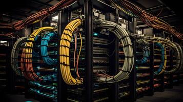 AI generated Server room with server racks and wires. Server uptime concept and cable management photo