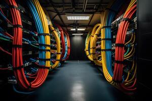 AI generated Ideal cable management in the server room. The result of the work done by the system administrator with a large number of colored wires photo