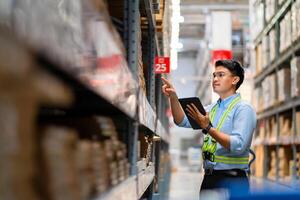 Warehouse manager uses a tablet computer to monitor products in the warehouse. Logistics and export concepts. photo