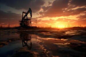 AI generated Photo of crude oil pumpjack rig at sunset. Concept art of oil production or issues of nature protection