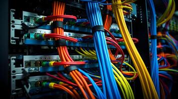 AI generated Server room with server racks and wires. Server uptime concept and cable management photo