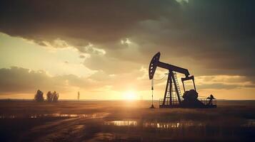 AI generated Photo of crude oil pumpjack rig at sunset. Concept art of oil production or issues of nature protection