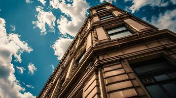 AI generated Low angle photo of glassed business center with sky view in the middle of day. Business photo concept