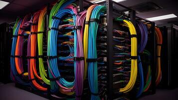 ai generado ideal cable administración en el servidor habitación. el resultado de el trabajo hecho por el sistema administrador con un grande número de de colores alambres foto