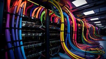 AI generated Server room with server racks and wires. Server uptime concept and cable management photo