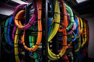 AI generated Server room with server racks and wires. Server uptime concept and cable management photo