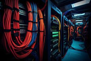 AI generated Server room with server racks and wires. Server uptime concept and cable management photo