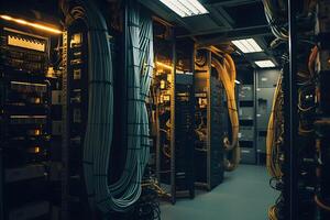 AI generated Server room with server racks and wires. Server uptime concept and cable management photo